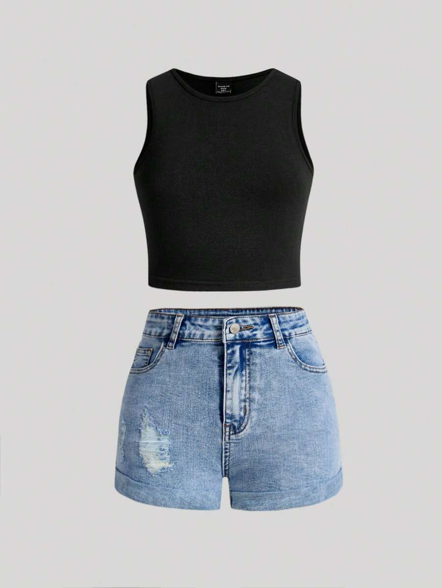 SHEIN Girlism Tween Girl Spring Summer Boho 2 Pieces Solid Tank Top& Stonewashed Distressed Ripped Rolled Up Hem Denim Jeans Shorts Set With Slant Pocket,Summer Girls Clothes Set Outfits