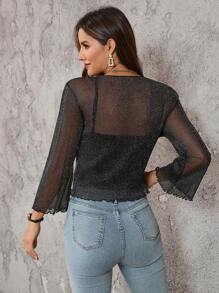 SHEIN Clasi Women Hollow Out Tie Front Ruffle Hem Crop Top Cardigan Rave Festival Outfits With Puff Sleeves