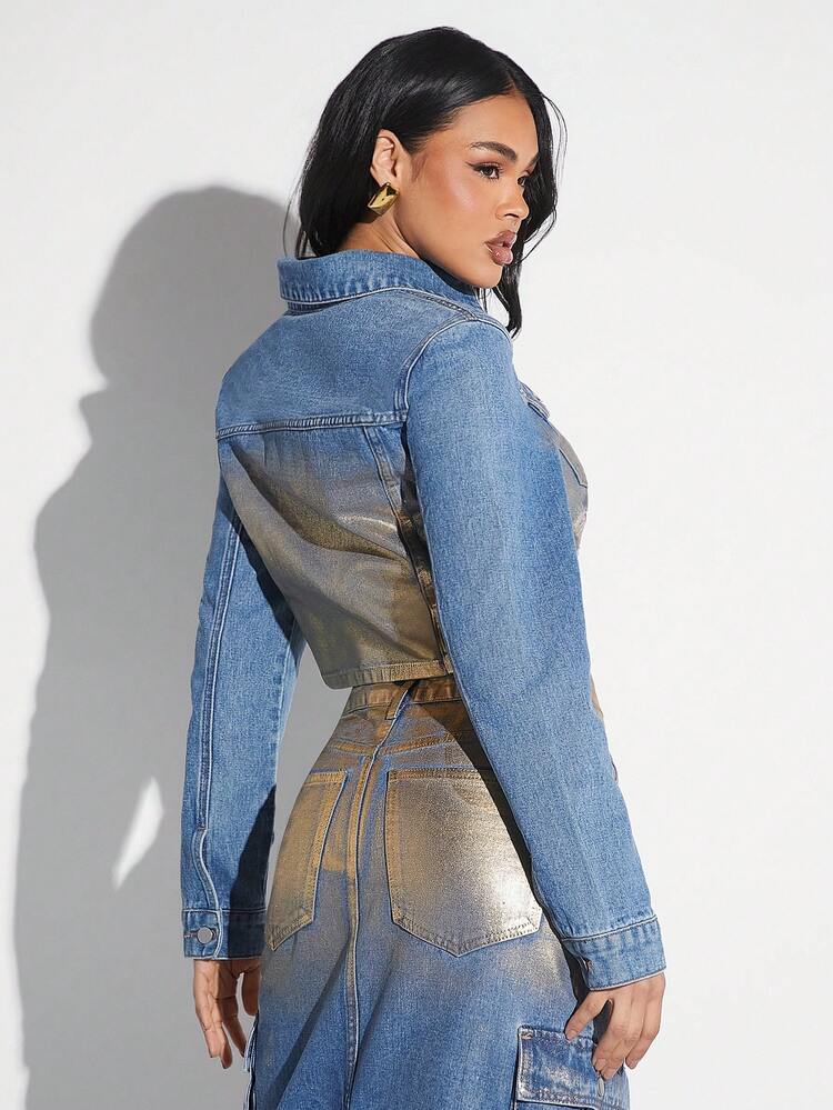 Women'S Short Color Block Metal Texture Denim Jacket For Spring Outdoor