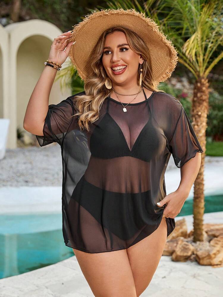 Plus Size Summer Beach Solid Halterneck Bikini Top And Bottom With Butterfly Print Cover Up For Beach Holiday