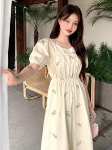 DAZY Kobiety Wakacje Bohemian Ditsy Floral Puff Sleeve Cinched Waist Dress Sukienka Letnia, Casual Women Dresses