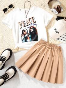 SHEIN Tween Girl Casual College Style Short Sleeve T-Shirt And Skirt 2pcs Set