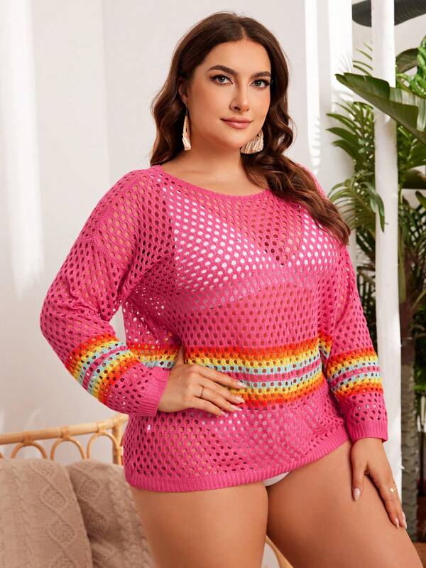 SHEIN Swim Curve Cubierta holgada de rayas de colores con cuello redondo y mangas largas, con huecos, para mujer de talla grande para vacaciones en la playa