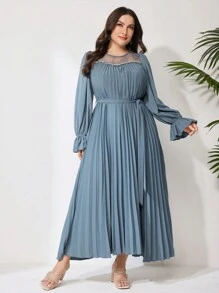 Modelyn Plus Size Nữ Thời Trang Phối Ren Váy Dài Tay Xếp Ly Thanh Lịch - Màu xanh lam - Xem 6