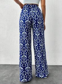 EURMUSE Blue Printed Wide Legs Pants - Multicolor - View 2
