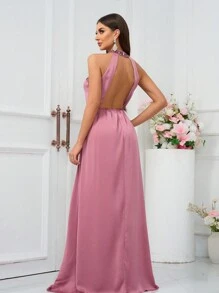 SHEIN Belle Women Sequined Color Block Long Dress With High Slits, V-Neck And Bare Back - Ideal For Bridesmaid - Dusty Pink - View 2