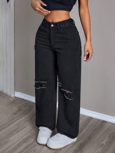 SHEIN PETITE Women Loose Wide Leg Casual Jeans With Pockets And Distressed Details