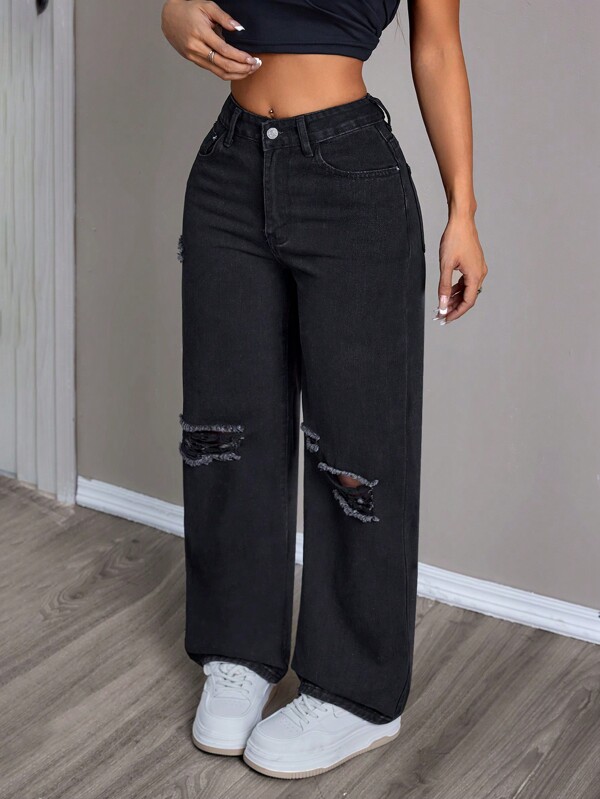 SHEIN PETITE Women Loose Wide Leg Casual Jeans With Pockets And Distressed Details