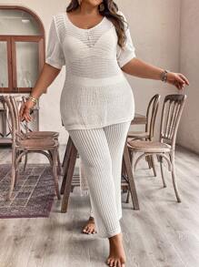 SHEIN Clasi Femei Plus Size Vacanță Culoare Solidă Mâneci Scurte Perspective Tricotat Top și Pantaloni Largi Tricotati - Caisă - Vizualizare 4