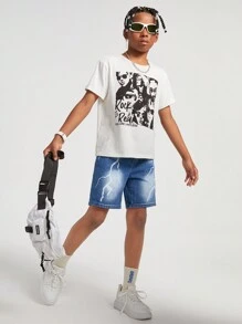 SHEIN Tween Boys Casual Street Style Lightning Print Design Washed Straight Leg Blue Denim Shorts