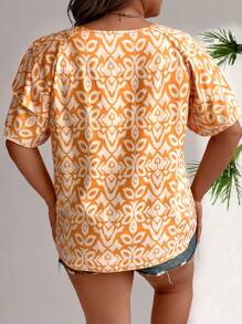 Celure Plus Size Nữ Dáng Rộng In Hoa Phong Cách Ngày Lễ Cổ Tròn Xù Tay Ngắn Áo Cho Mùa Hè - Màu vàng - Xem 2