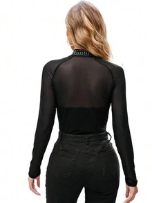 Black Rhinestone Spliced Mesh Long Sleeve Bodysuit - Black - View 2