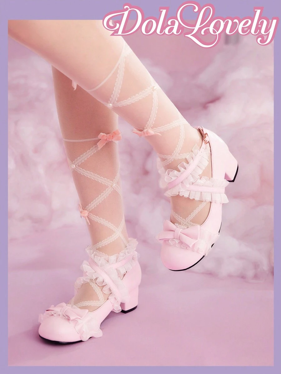 Dola Lovely Ladies Cute Girl Style Sweet Simple Bow Lace Lace Round Toe High Heel Comfortable Fashion Shoes, Graduation Heel, Prom Heels For Summer Spring Shoes Spring Break Easter