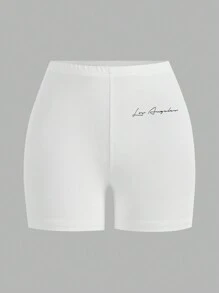 SHEIN EZwear 2 chiếc quần legging ngắn bó sát co giãn in họa tiết tiếng Anh đơn giản dành cho nữ, mùa hè - Đen và trắng - Xem 3