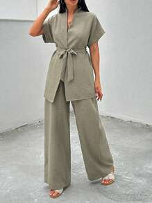 Ensemble cosy de deux pièces roses, blouse à manches chauve-souris kaki ajustée régulière avec ceinture, pantalon pour femmes, tenues décontractées de deux pièces, printemps/été, porter au quotidien