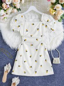 SHEIN Privé 女士黃色刺繡公主袖短款A字裙