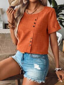 EMERY ROSE Spring/Summer Casual Bamboo Joint Decorated And Linen Shirt With Button Fastening,Short Sleeve Tops