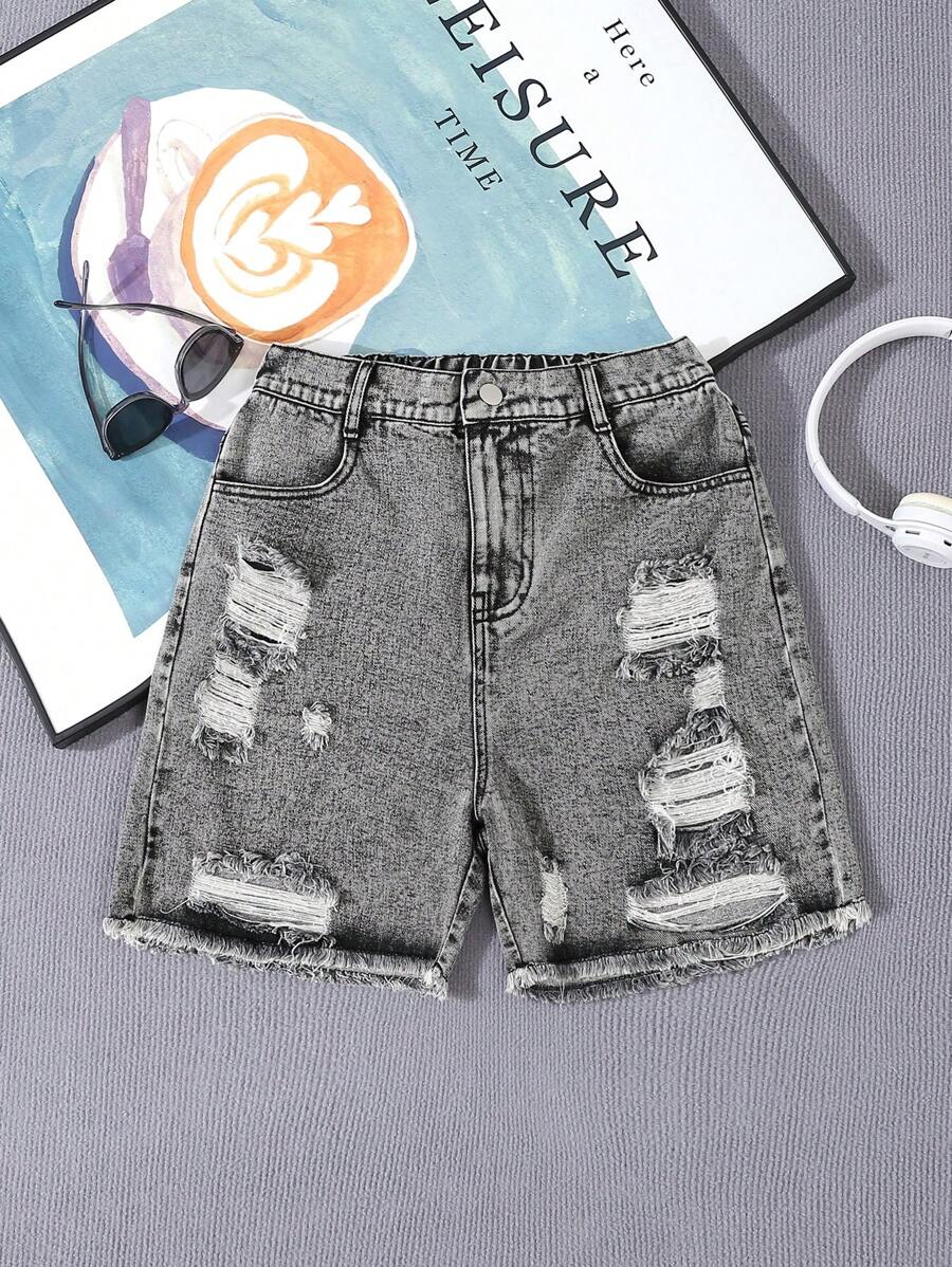 Teen Boy Solid Street-Style Simple Denim Shorts With Distressed & Frayed Hem And Buttoned Pockets - Grey - View 1