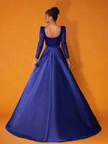 New Arrival Luxury Blue Lace Evening Dress, Suitable For Formal Occasions Elegant Long Sleeve Prom Wedding Guest Gown, For Graduation, Dinner