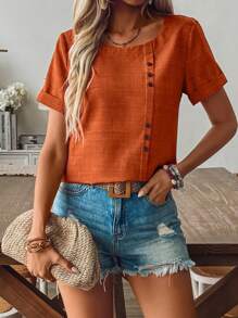 EMERY ROSE Spring/Summer Casual Bamboo Joint Decorated And Linen Shirt With Button Fastening,Short Sleeve Tops