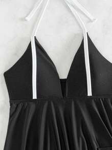SHEIN Swim Đầm bơi hở lưng màu trơn đơn giản cho nữ mùa hè - màu đen - Xem 6