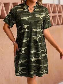 Calvaya Plus Size Xuân/Hè Ngụy Trang In Chữ V Cổ Thường Ngày - xanh quân đội - Xem 4