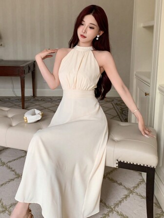 DAZY Women Solid Color A-Line Halter Dress, Birthday ,New Year Eve Summer Sundress Prom Dress Elegant Women Dresses