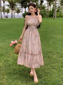 DAZY Women French Style Chiffon Printed Halterneck Dress Sundress