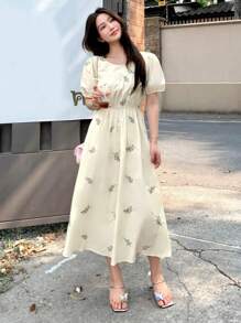 DAZY Kobiety Wakacje Bohemian Ditsy Floral Puff Sleeve Cinched Waist Dress Sukienka Letnia, Casual Women Dresses