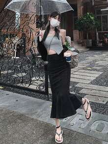 後拉鍊美人魚牛仔半身裙 - 黑色 - 查看 6