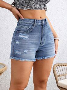 Breezaya Pantalones cortos de mezclilla de borde deshilachado y unicolor para mujer con bolsillos, pantalones cortos estilo 'Mamá' para el verano - Azul lavado medio - Ver 4