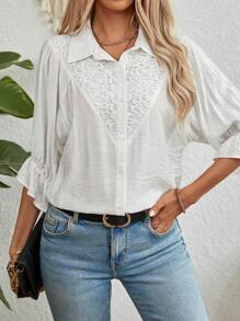 SHEIN JORESS Women Summer Solid Color Splice Lace Batwing Sleeve Loose Shirt