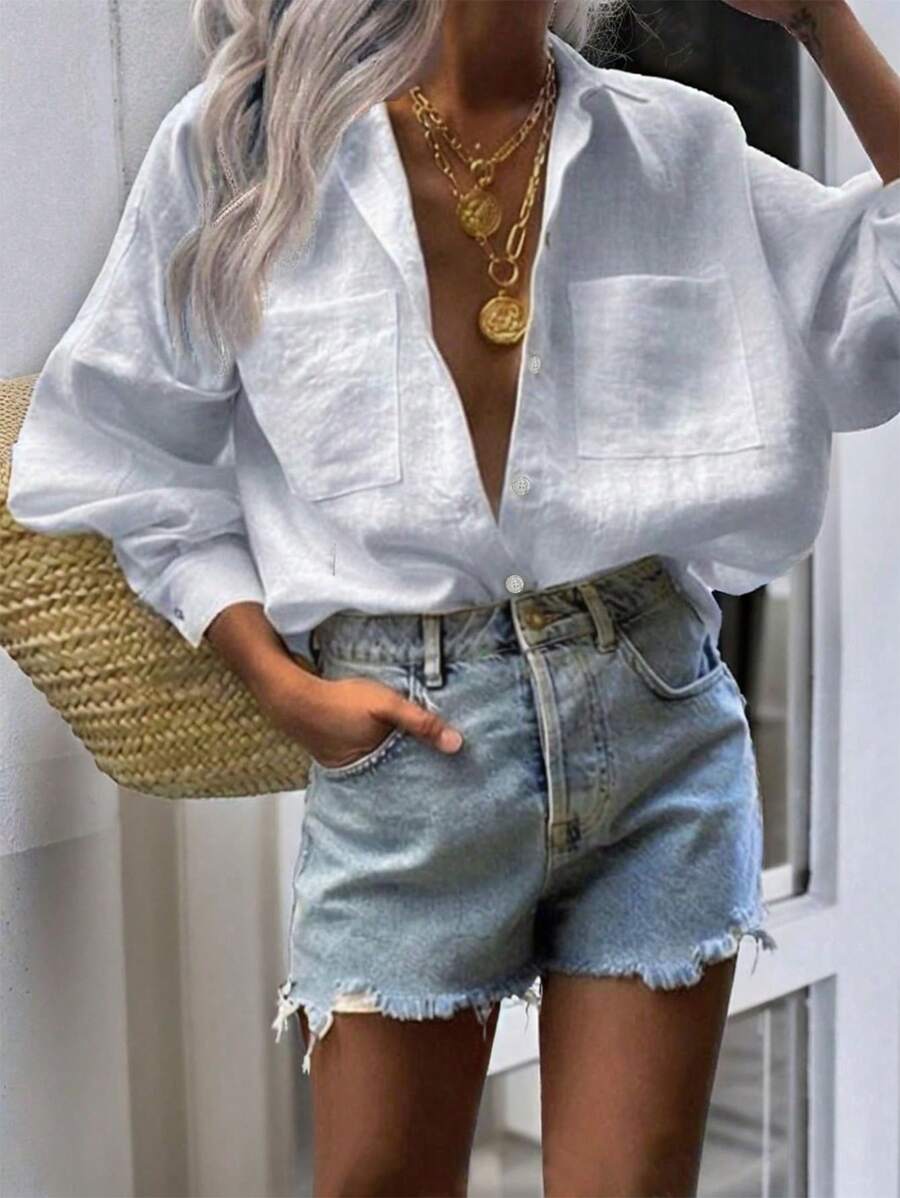 SHEIN JORESS Loose Casual H Style Long Sleeve White Shirt With Texture & Pleats Design, Spring/Summer - White - View 1