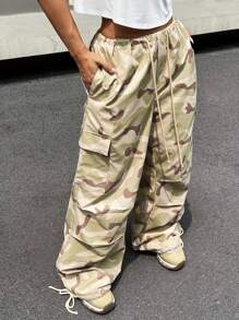 SHEIN EZwear Women Low Waist Camouflage Parachute Pants - Green - View 3