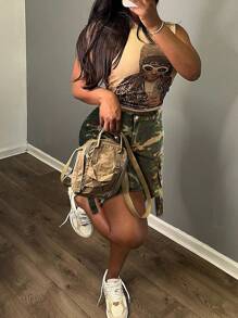 Women's Y2K Camouflage Multi-Pocket Loose Straight Leg Denim Shorts With Frayed Hem - Khaki - View 5