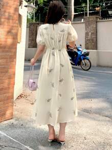 DAZY Kobiety Wakacje Bohemian Ditsy Floral Puff Sleeve Cinched Waist Dress Sukienka Letnia, Casual Women Dresses