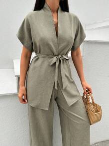 Ensemble cosy de deux pièces roses, blouse à manches chauve-souris kaki ajustée régulière avec ceinture, pantalon pour femmes, tenues décontractées de deux pièces, printemps/été, porter au quotidien