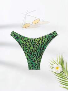 SHEIN Swim Summer Beach Random Leopard Print Holiday Bikini Bottom - Green - View 1