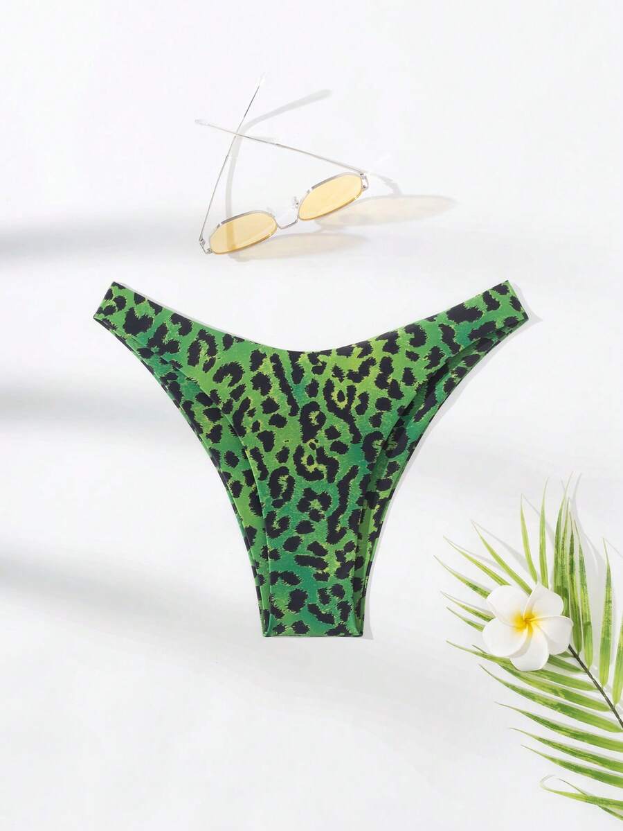 SHEIN Swim Summer Beach Random Leopard Print Holiday Bikini Bottom - Green - View 1