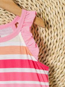 SHEIN 女童夏季条纹荷叶边不对称下摆连衣裙 - 彩色 - 查看 5