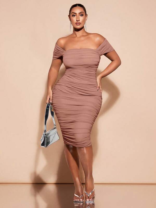 SHEIN BAE 大码春假夏装夏装春装柔和连衣裙海滩女士连衣裙长海滩连衣裙夏季连衣裙，婚礼宾客连衣裙，露肩褶皱连衣裙，女士生日连衣裙