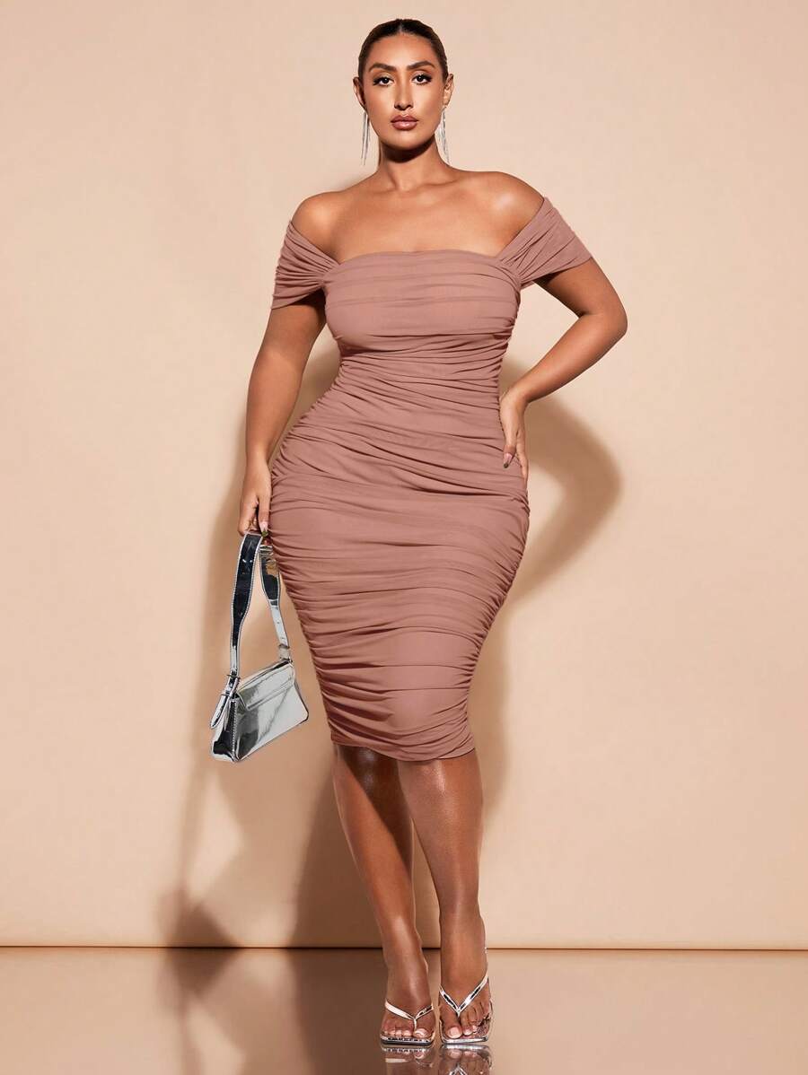 SHEIN BAE Plus Size Spring Break Summer Clothes Dress Pastel Beach Women Dresses Long Wedding Guest Off Shoulder Ruched Dress,Birthday For - Dusty Pink - View 1