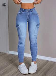 SHEIN PETITE 女性工作服口袋百褶修身休閒牛仔褲，日常穿著 - 中等水洗藍 - 查看 4