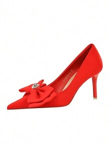 18249-AH33 Korean Style Party High Heels, Pointed Toe Stilettos With Bow Knot, Low Vamp Silk Shoes For Wedding - Red - View 7