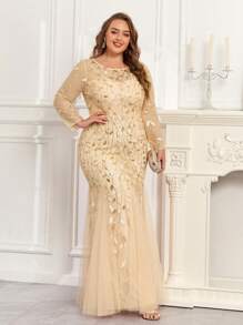 大码美人鱼刺绣亮片花卉礼服，优雅长袖正式晚宴婚礼宾客礼服，适合毕业典礼、晚宴、季节性派对等场合。 - 金色 - 查看 4