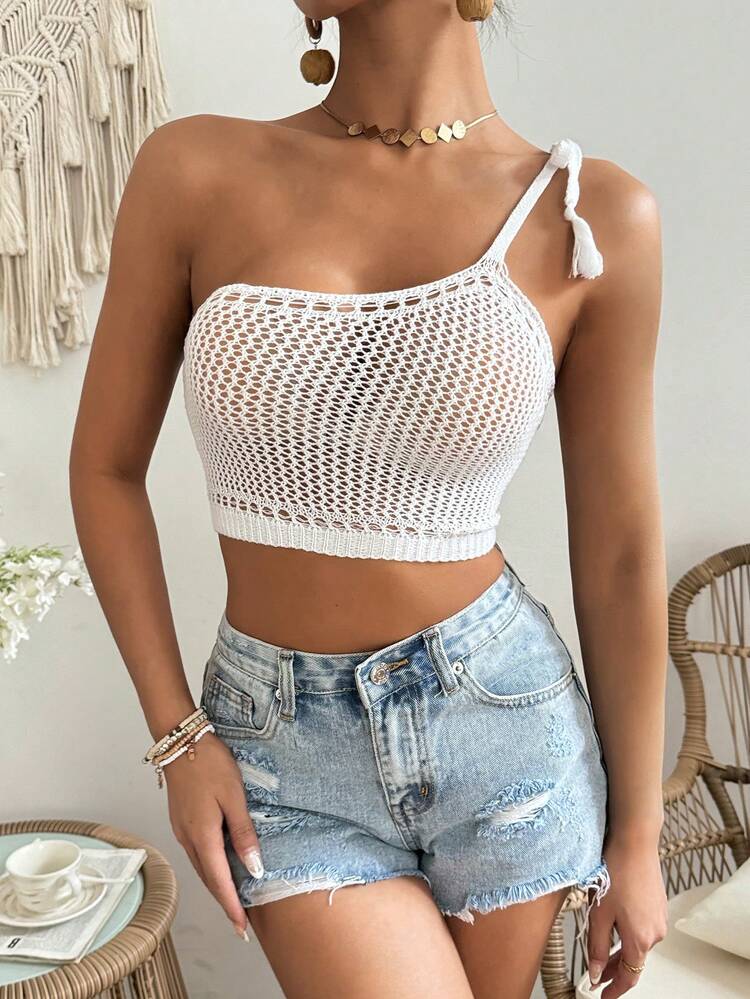 Women Hollow Out Solid Color Short Knit Sweater, One Shoulder, Sleeveless, For Vacation