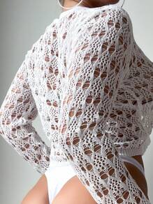 SHEIN Swim Women Solid Color Simple Hollow-Out Beach Cover-Up Summer - White - View 2
