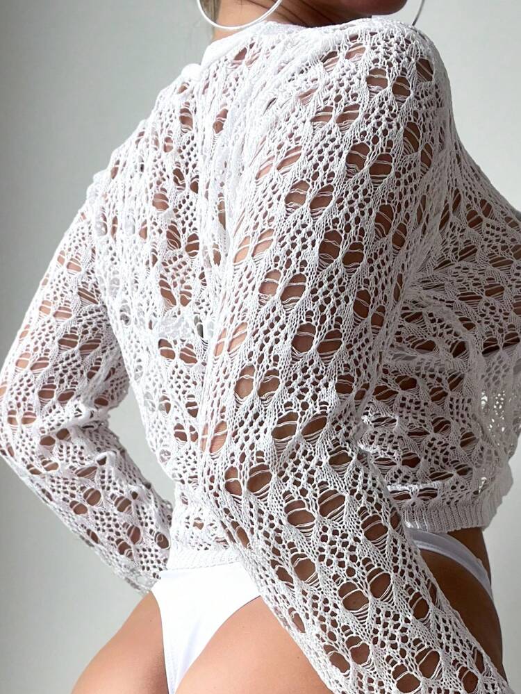 Women Solid Color Simple Hollow-Out Beach Cover-Up Summer