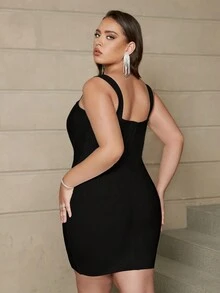 Solid Color Slim Fit Bandage Dress With High Waist And Spaghetti Straps, Perfect For Dance Party - Black - View 2