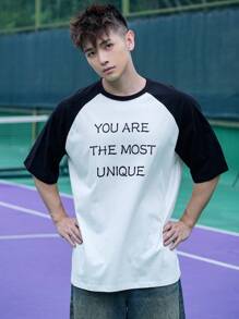 DAZY T-shirt casual à manches courtes pour hommes avec imprimé slogan en bloc de couleurs, manches raglan. Tee-shirts graphiques